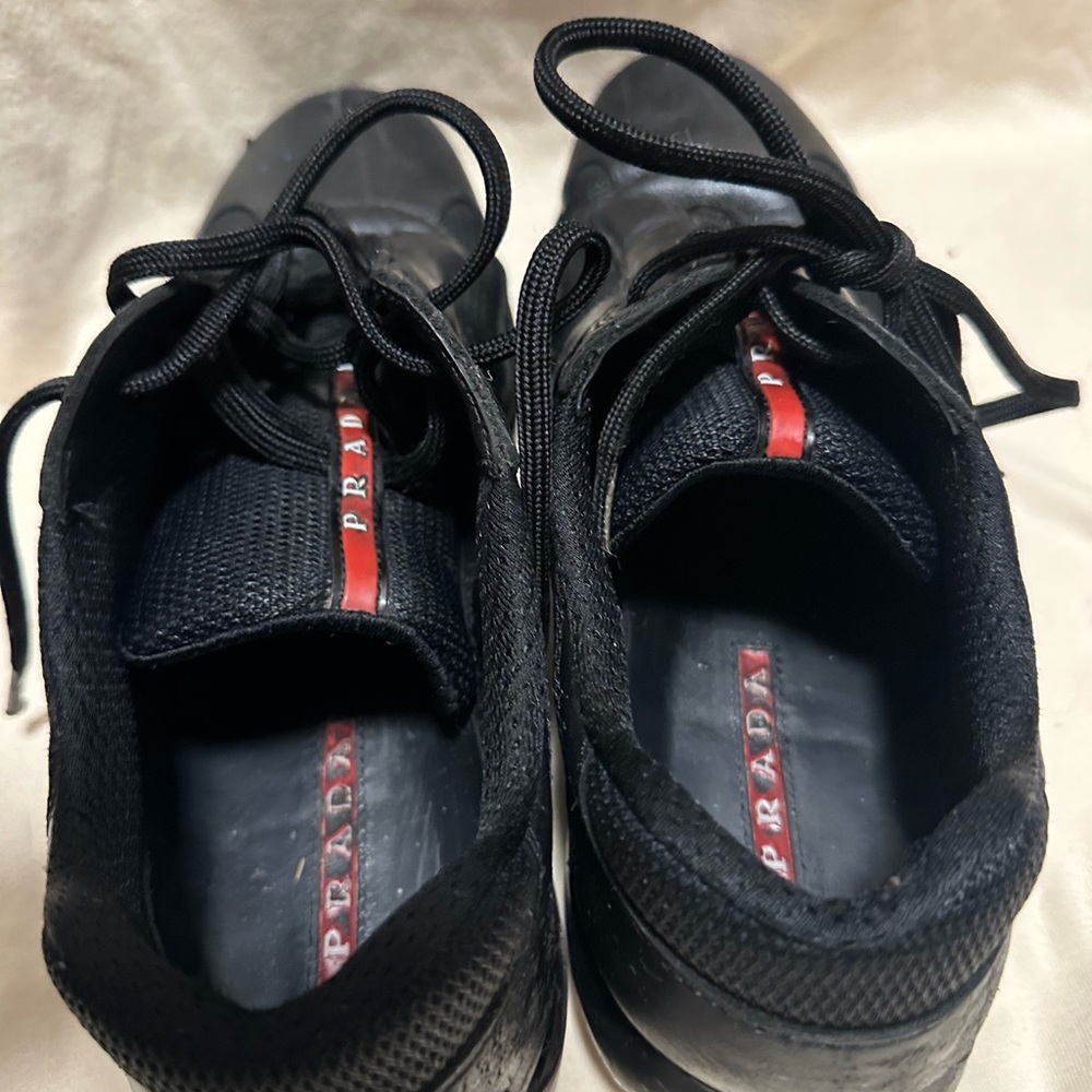 Prada America’s cup Men's Black Leather & Mesh Sneakers with Red Stripe - Picture 4 of 16